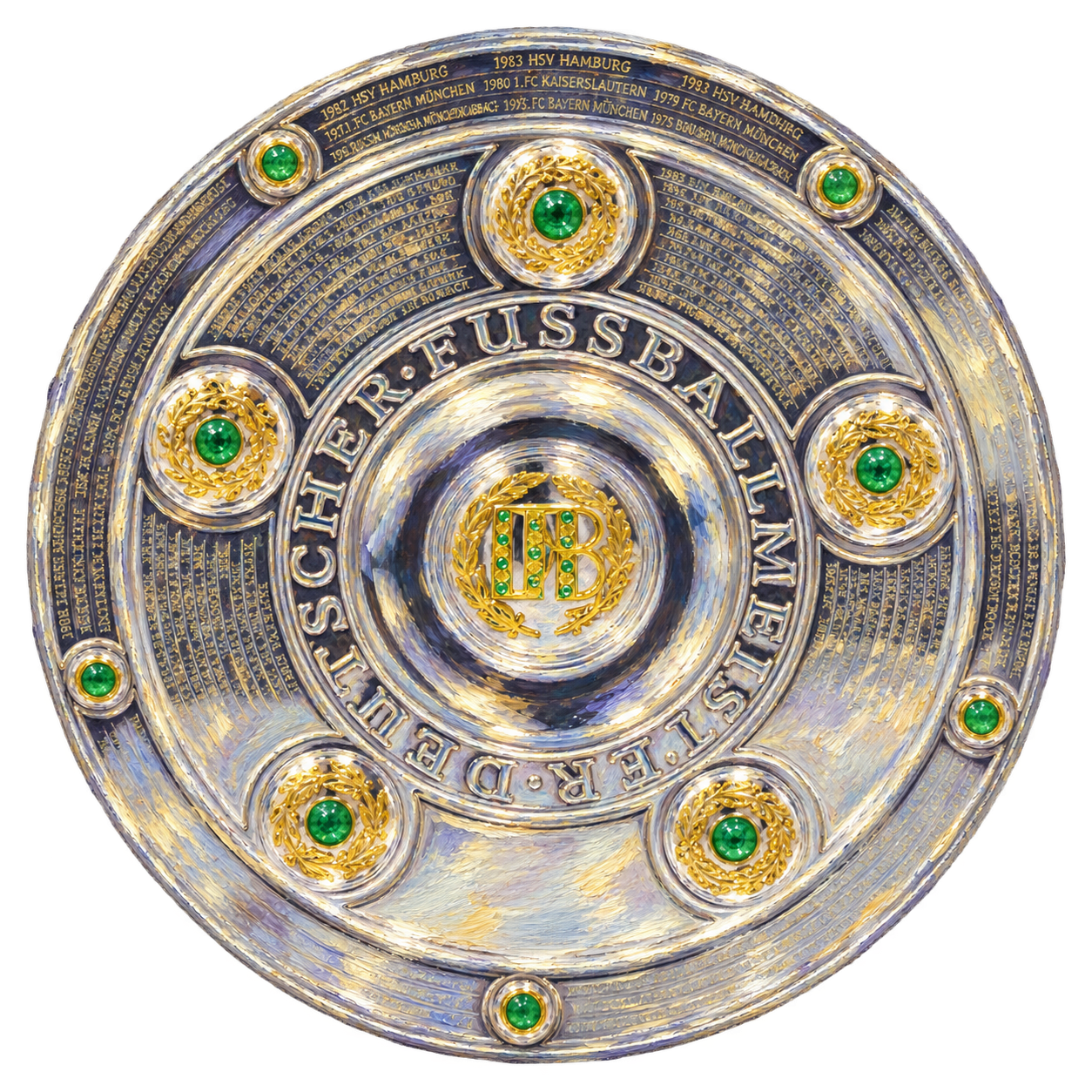 Moderne silberne Meisterschale mit grünen Steinen, goldenen Verzierungen und äußerem Erweiterungsring