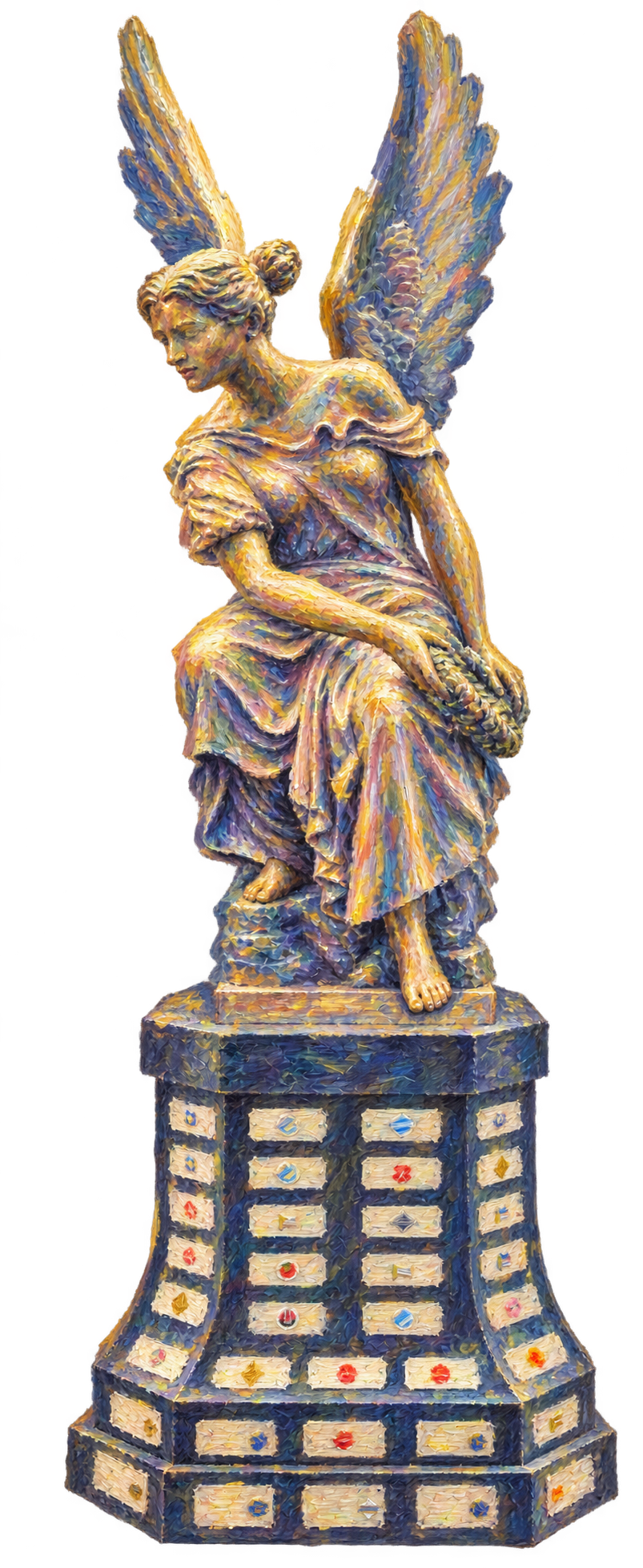 Viktoria mit geflügelter Figur auf einem hohen, verzierten Sockel