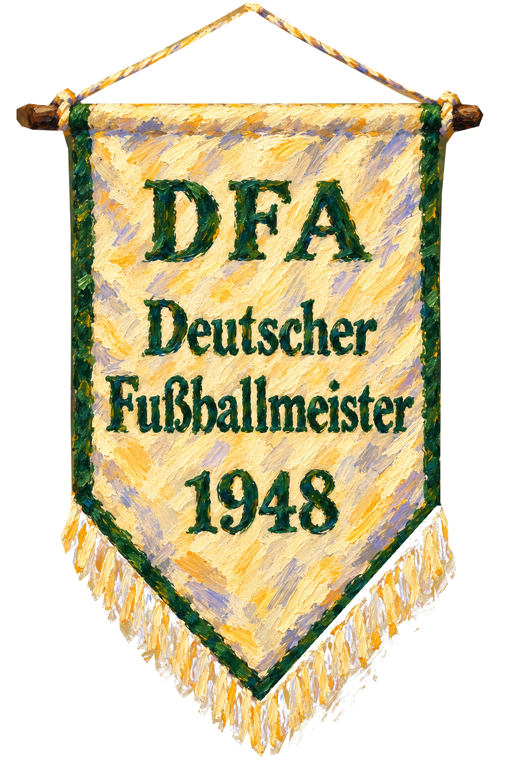 Fantasiewimpel aus hellem Stoff mit grüner Stickerei: DFA, Deutscher Fußballmeister 1948